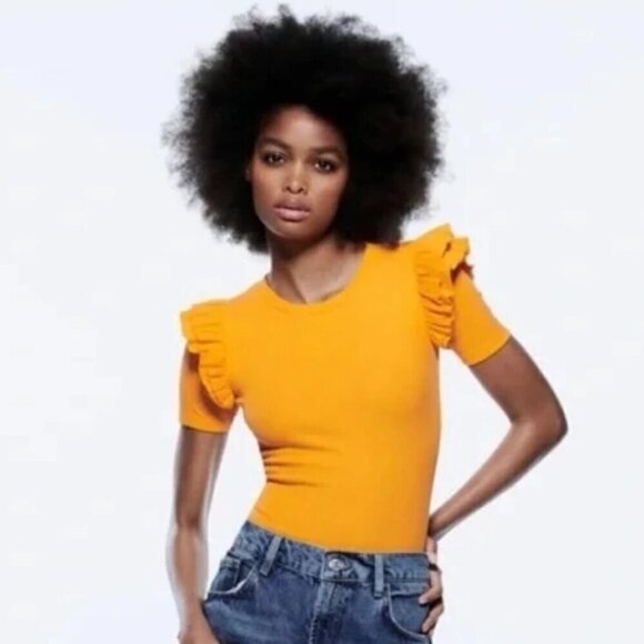 NWT Zara orange ruffle shoulder rib bodysuit, S - Picture 1 of 13